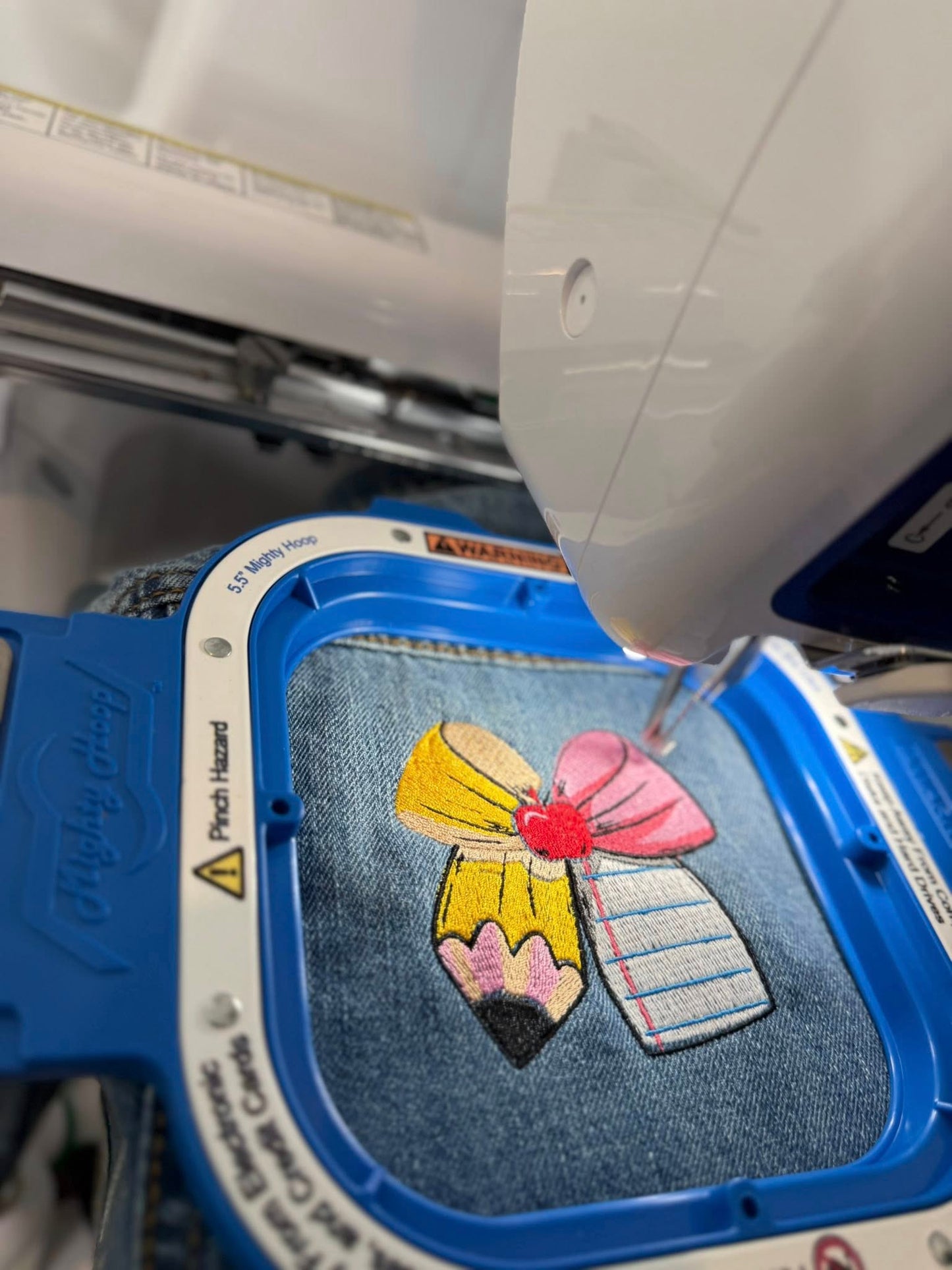 Custom back to school bow Denim Embroidered