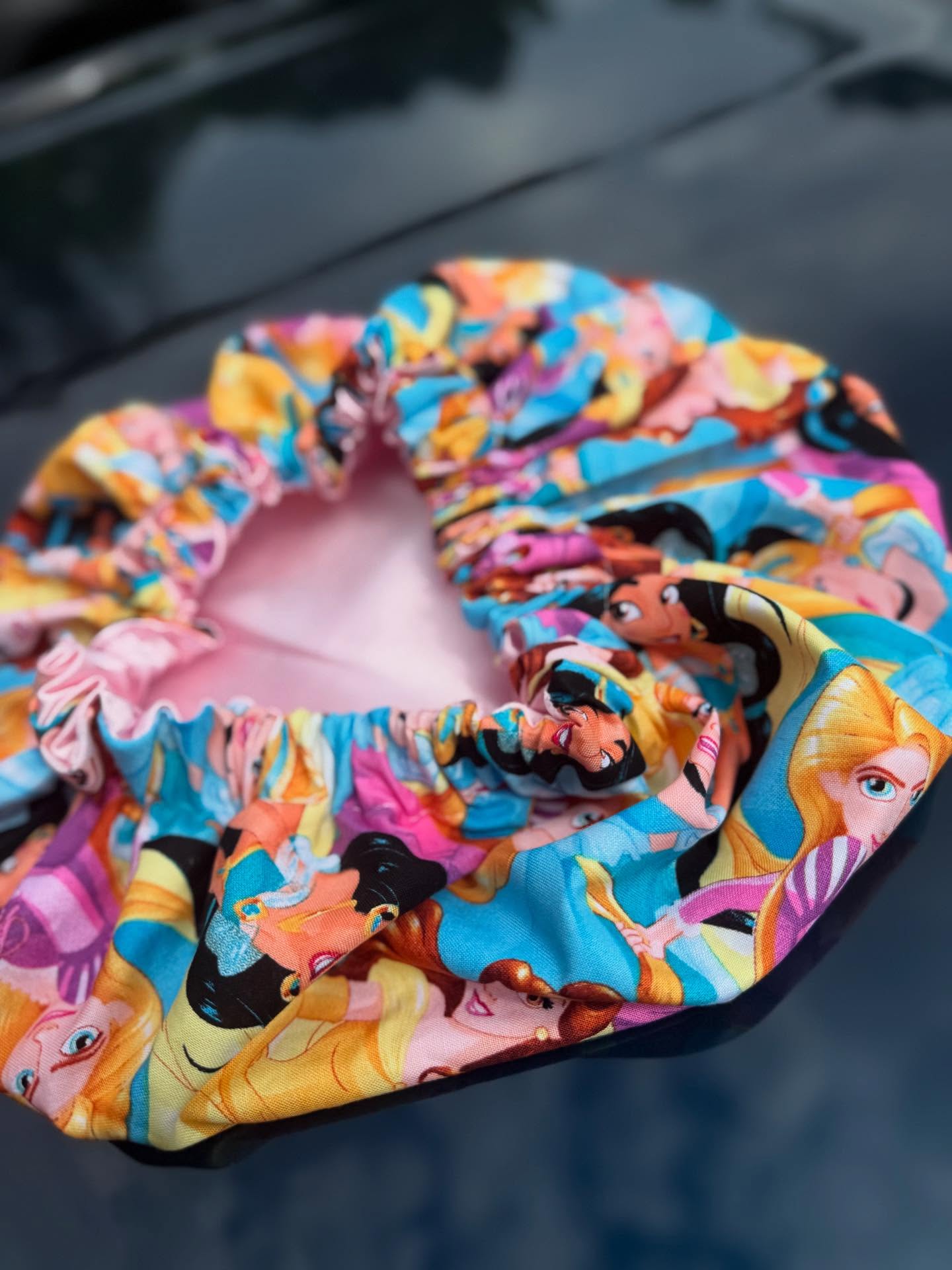 Disney Princess character print and satin bonnet bundle- Perfect gift, 2 scrunchies included