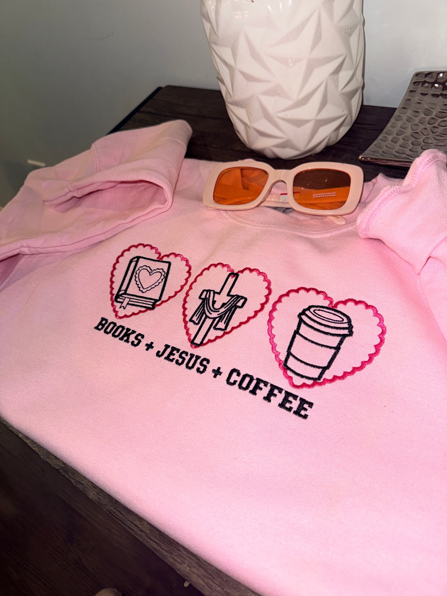 BOOKS, JESUS, COFFEE EMBROIDERY SWEATSHIRT