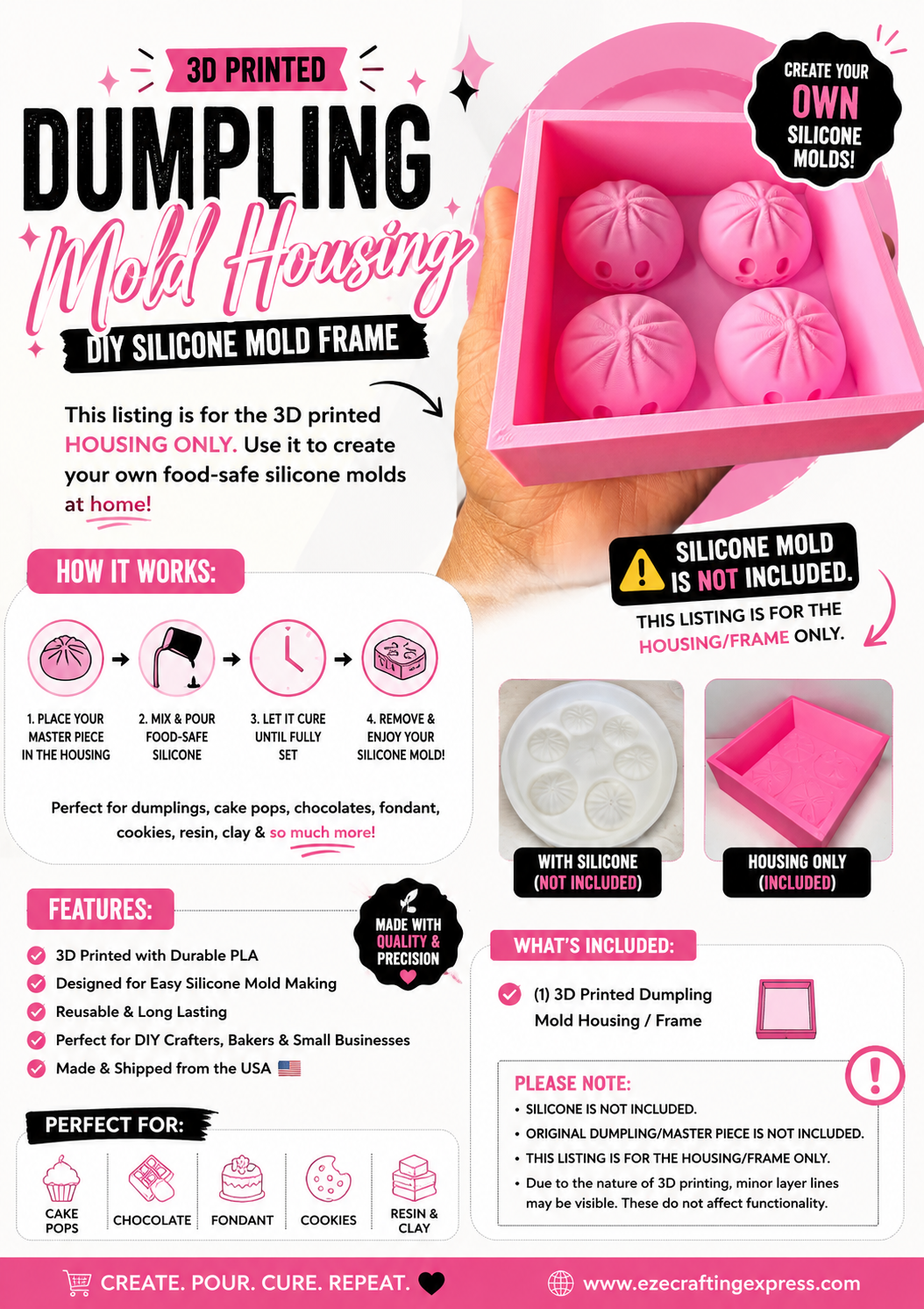 3D Printed Dumpling Silicone Mold Housing | DIY Food-Safe Silicone Mold Frame | Mold Making Shell | Reusable Mold Box for Custom Silicone Molds