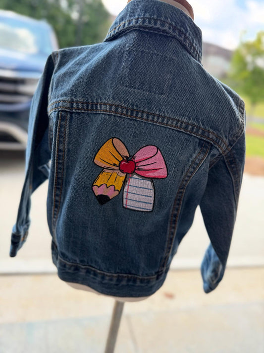 Custom back to school bow Denim Embroidered