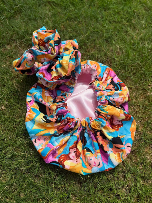 Disney Princess character print and satin bonnet bundle- Perfect gift, 2 scrunchies included