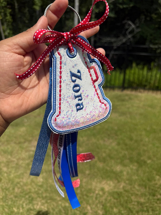 Cheer Personalized bag tag, Cheerleader, megaphone, embroidered name tag, shaker tag
