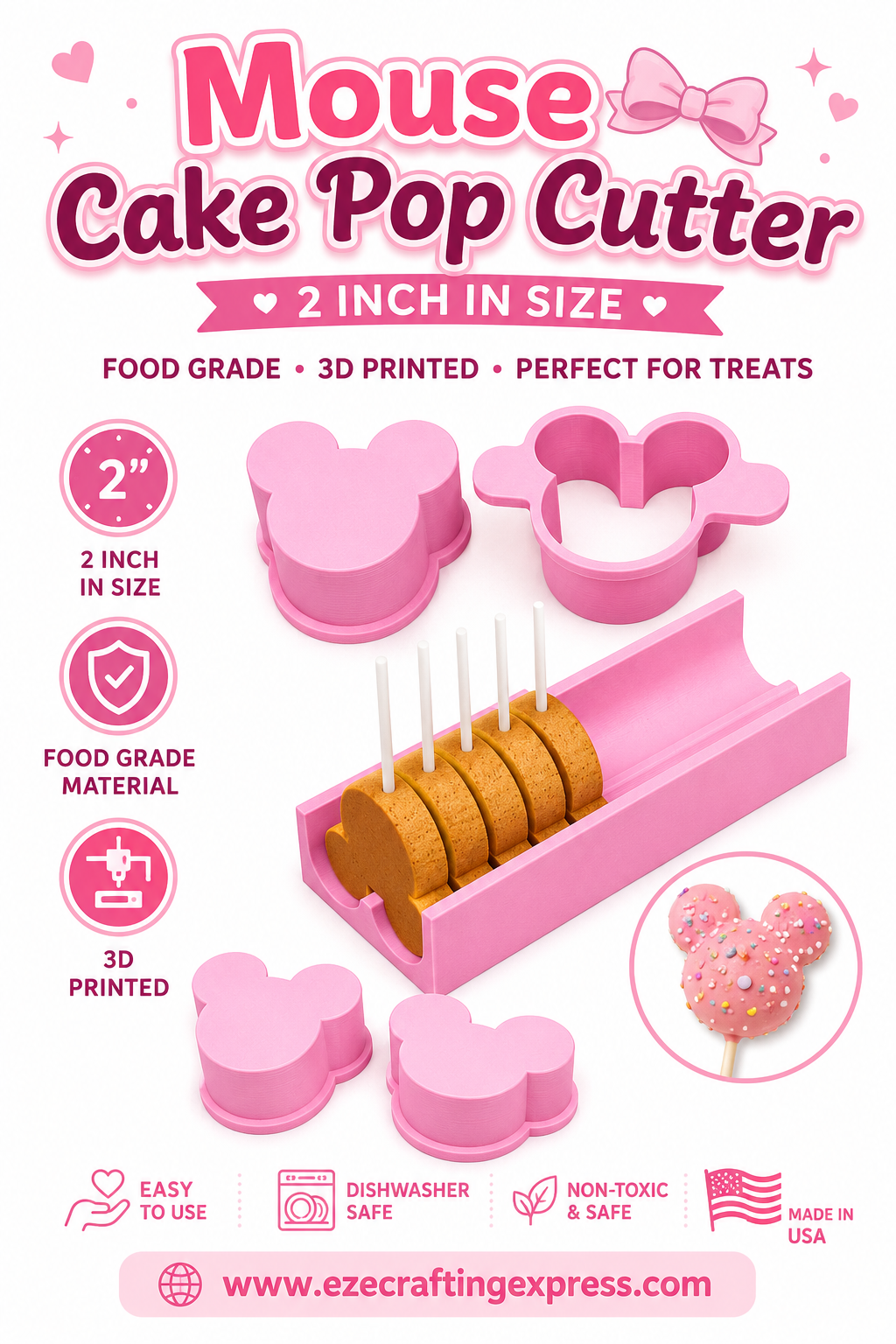 2" Mouse Cake Pop Cutter | Food Grade 3D Printed Cake Pop Mold | Mouse Cake Pop Press | Cookie Dough Cutter | Baking Tool