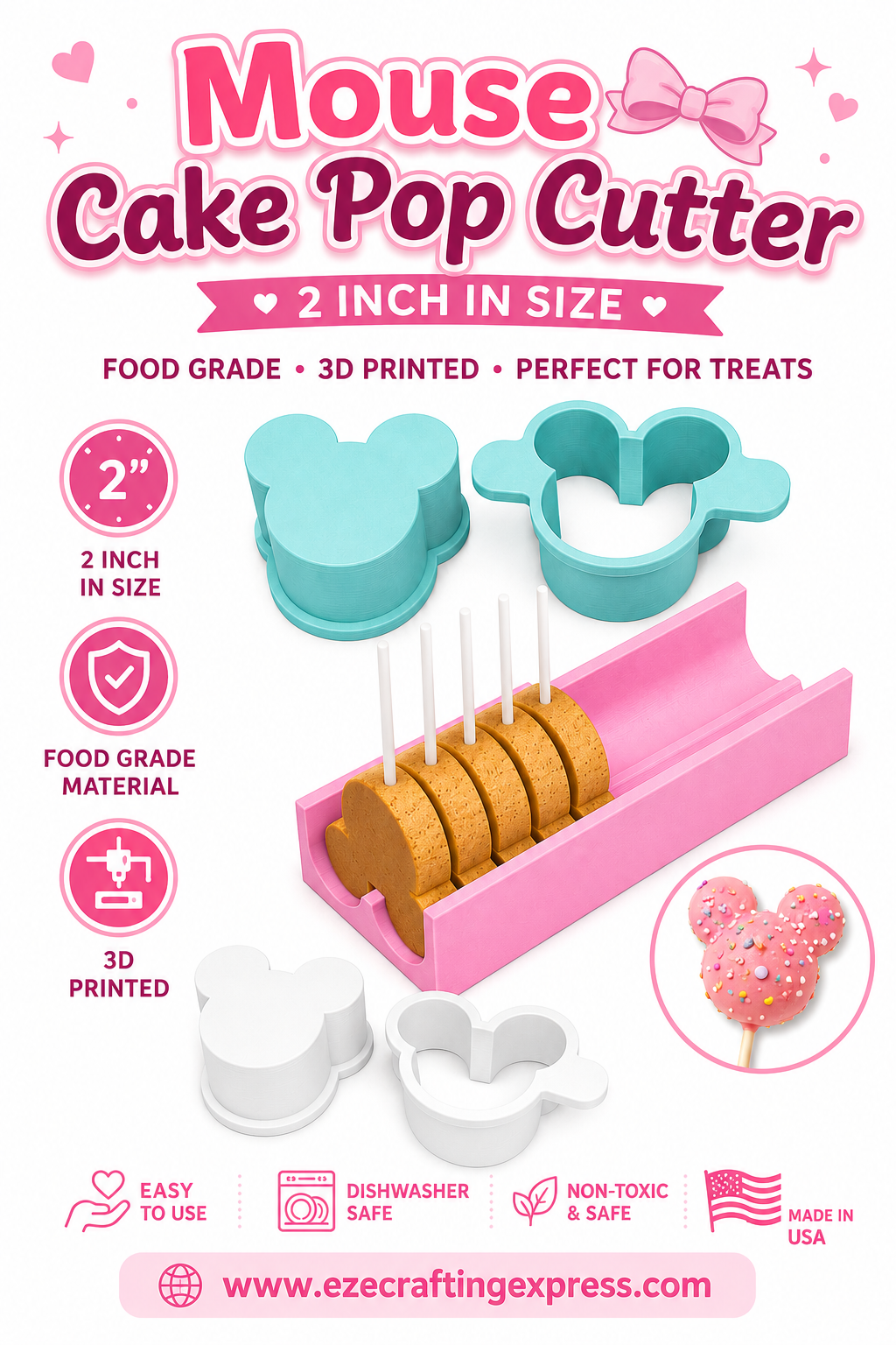 2" Mouse Cake Pop Cutter | Food Grade 3D Printed Cake Pop Mold | Mouse Cake Pop Press | Cookie Dough Cutter | Baking Tool
