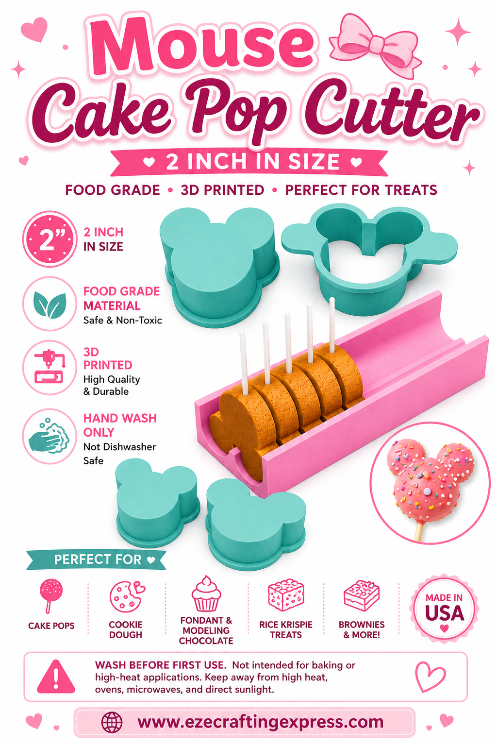 2" Mouse Cake Pop Cutter | Food Grade 3D Printed Cake Pop Mold | Mouse Cake Pop Press | Cookie Dough Cutter | Baking Tool
