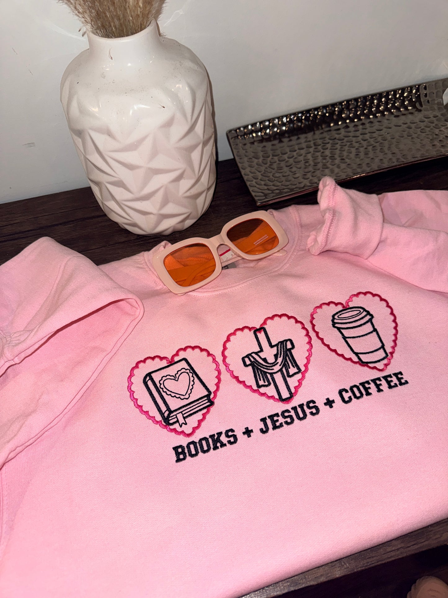 BOOKS, JESUS, COFFEE EMBROIDERY SWEATSHIRT