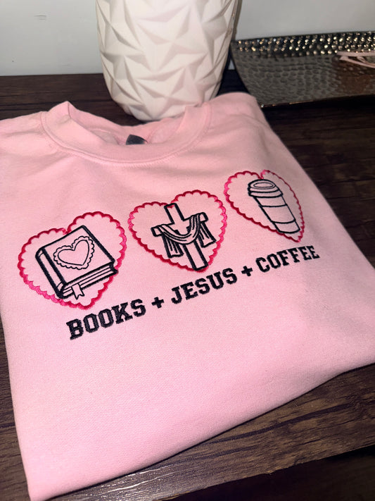 BOOKS, JESUS, COFFEE EMBROIDERY SWEATSHIRT