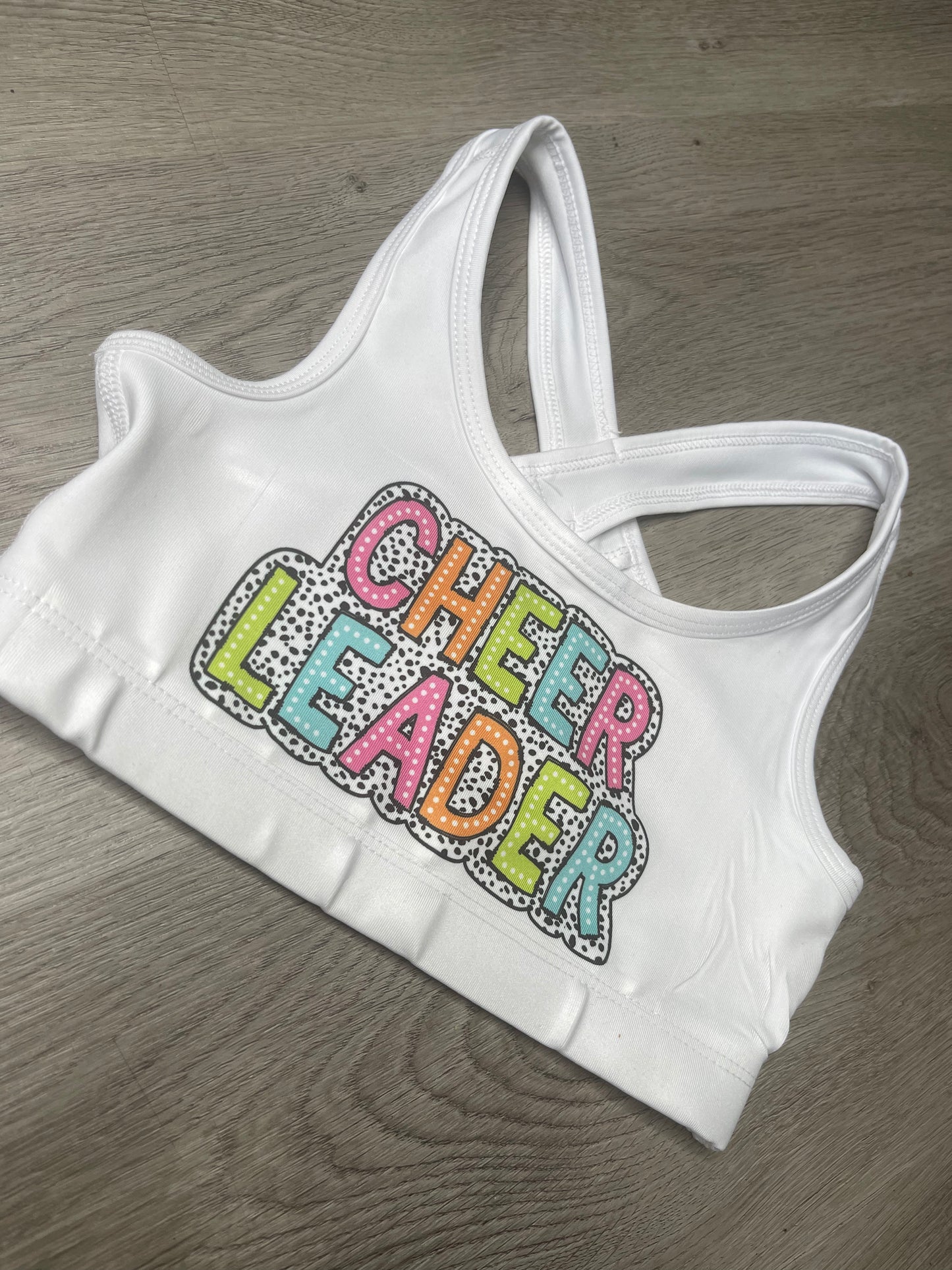 Cheerleader Sports Bra, custom sports bra, youth sports bra